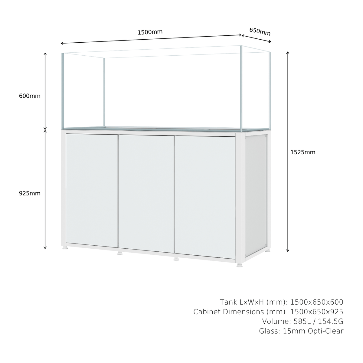 CADE River S2 1500 white rimless freshwater aquarium and cabinet, dimensions diagram