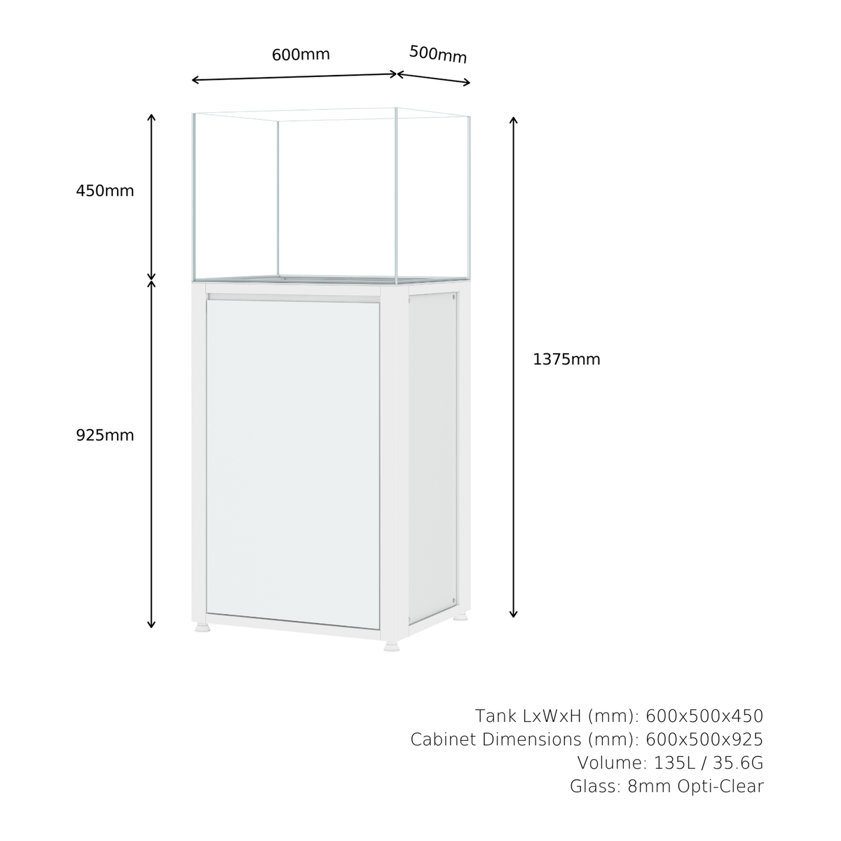 CADE River S2 600 white rimless freshwater aquarium and cabinet, dimensions diagram