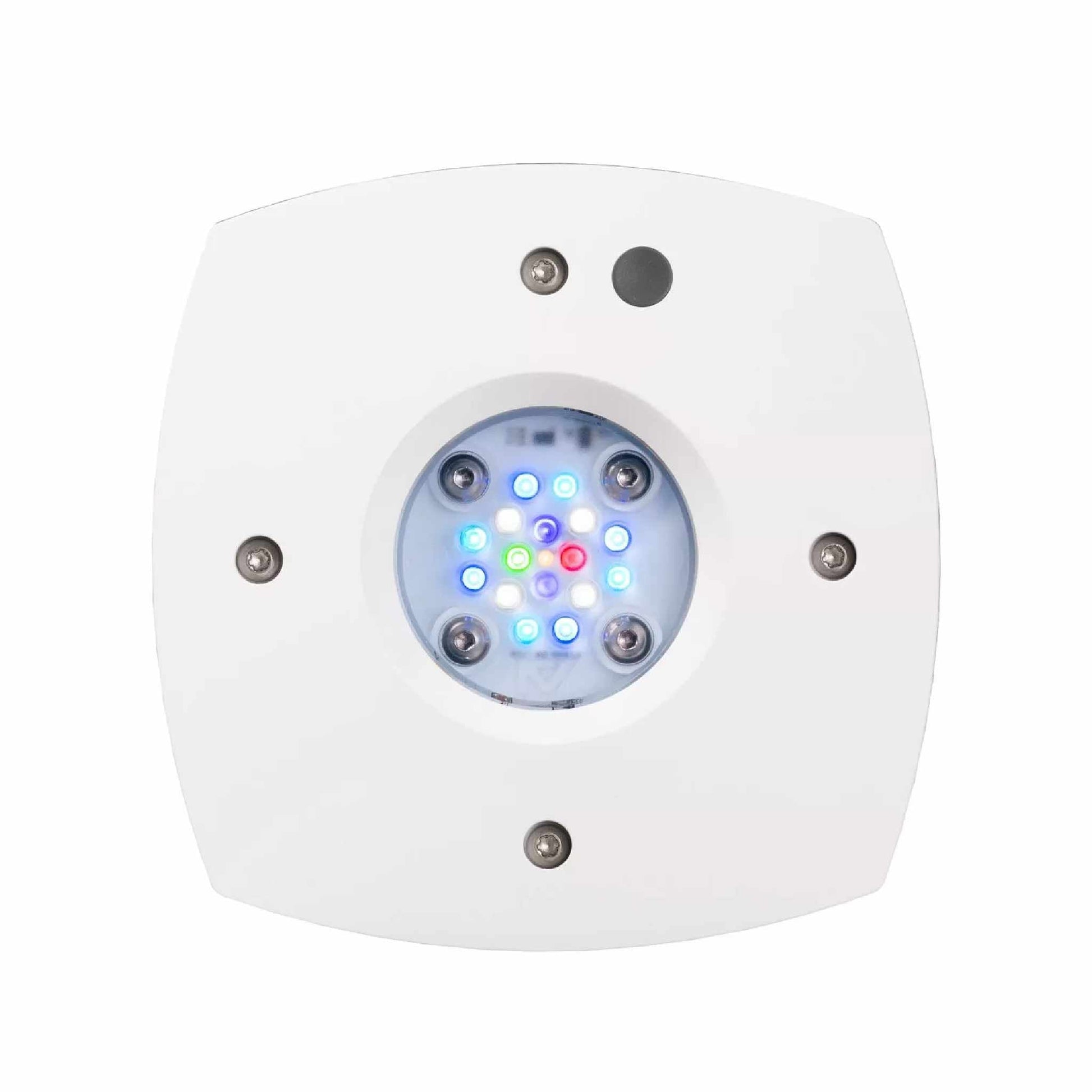 White AquaIllumination Prime LED aquarium light with illuminated multi-color LED cluster and mounting screws.