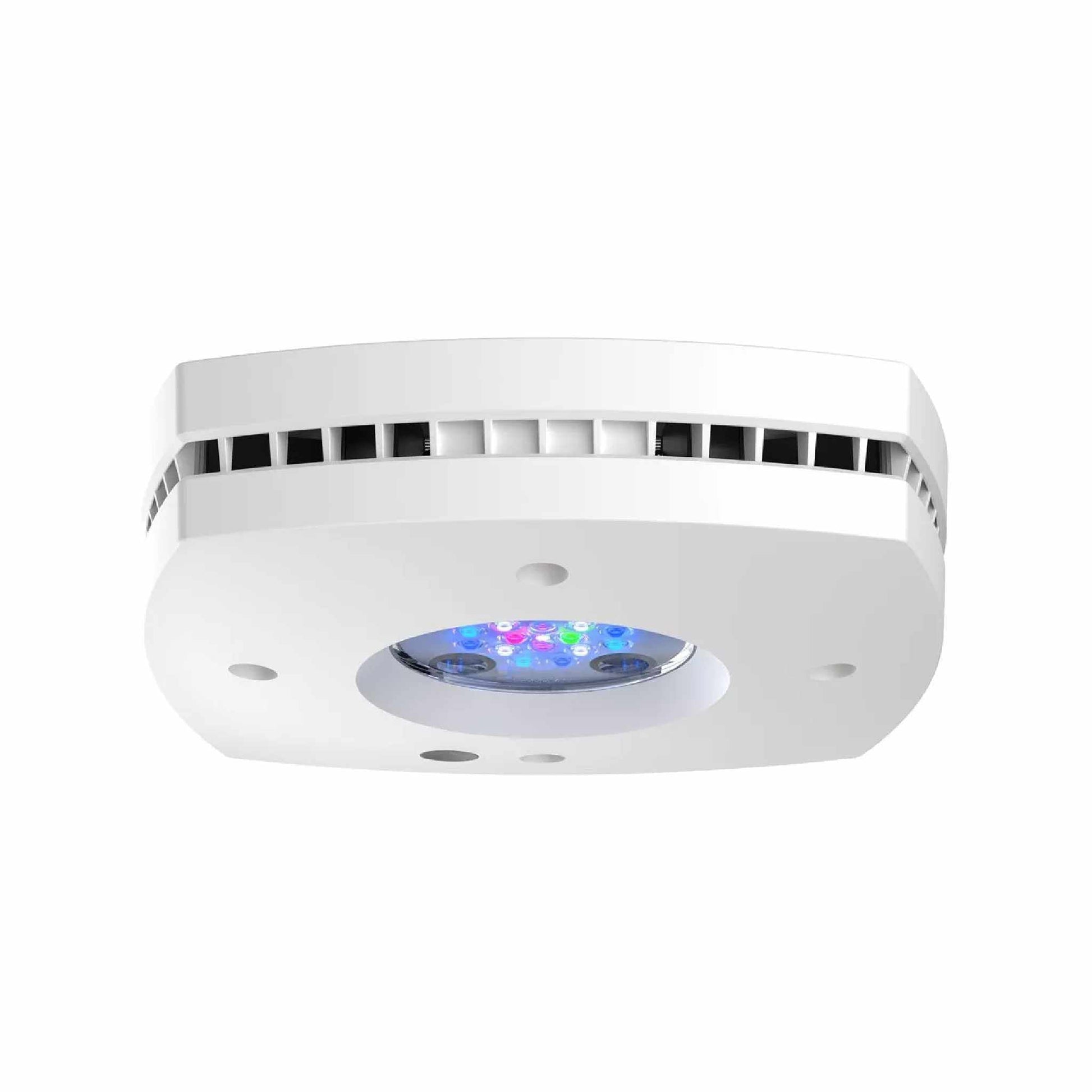 White AquaIllumination Prime LED aquarium light, underside view, with vents and illuminated multi-color LEDs.