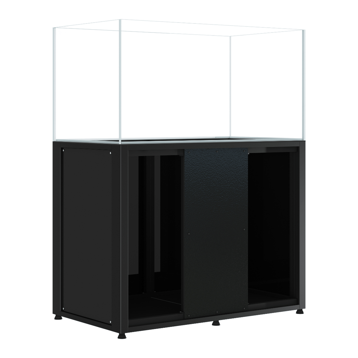 CADE River S2 1200 black rimless freshwater aquarium and cabinet, angled view with cabinet doors open
