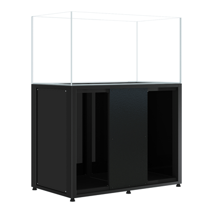 CADE River S2 1200 black rimless freshwater aquarium and cabinet, angled view with cabinet doors open
