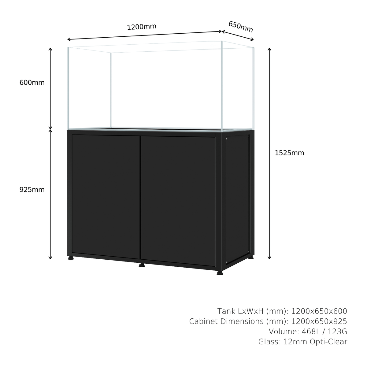 CADE River S2 1200 black rimless freshwater aquarium and cabinet, dimensions diagram