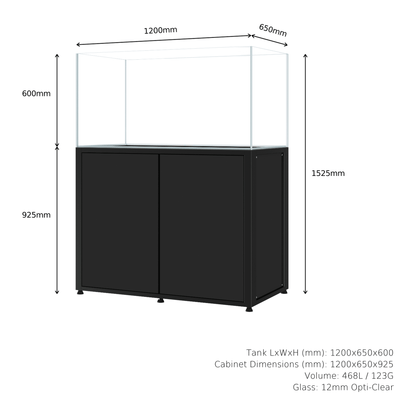 CADE River S2 1200 black rimless freshwater aquarium and cabinet, dimensions diagram