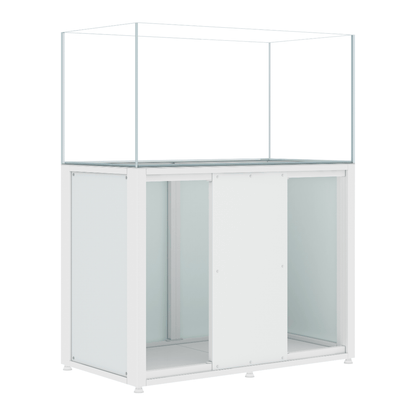 CADE River S2 1200 white rimless freshwater aquarium and cabinet, angled view with cabinet doors open