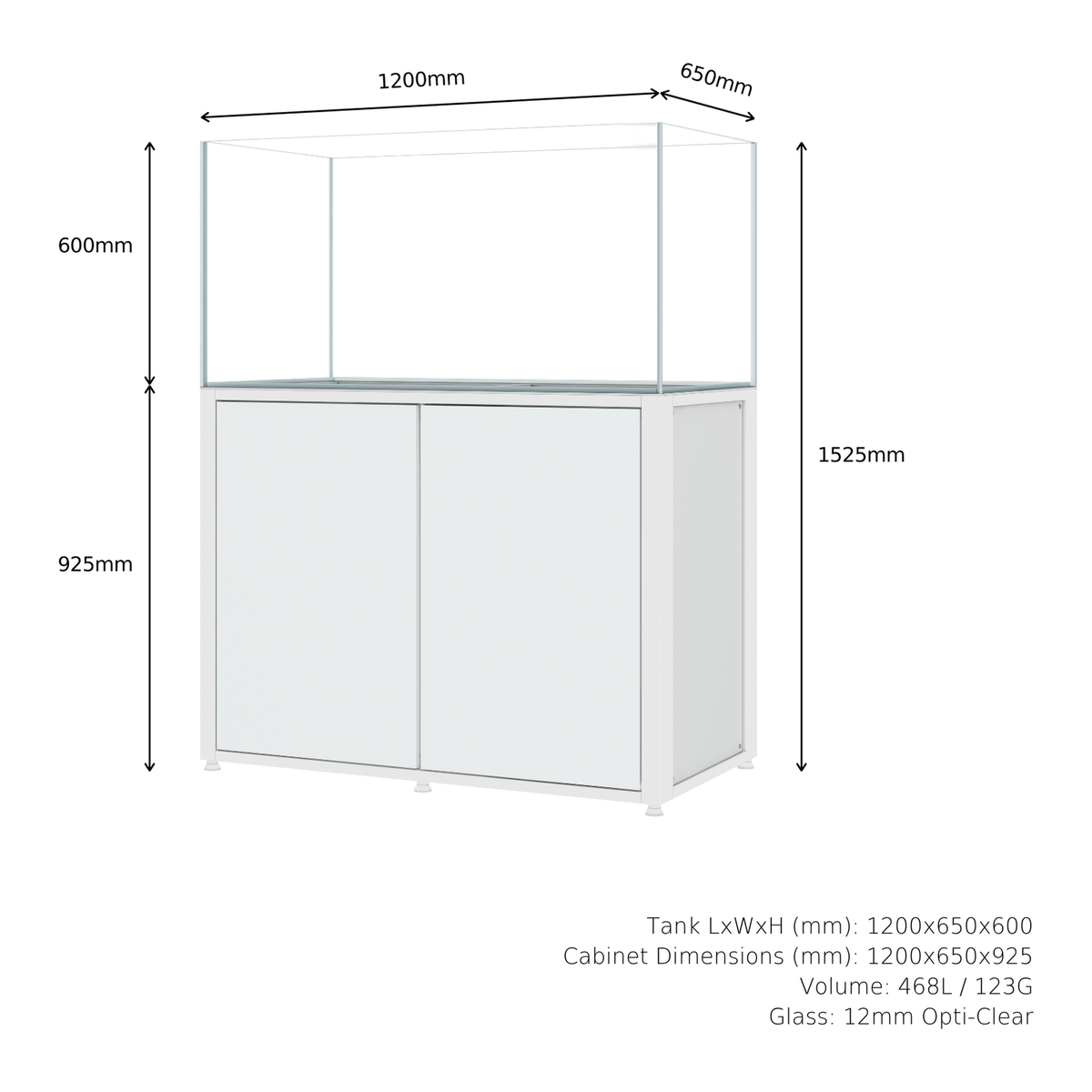 CADE River S2 1200 white rimless freshwater aquarium and cabinet, dimensions diagram