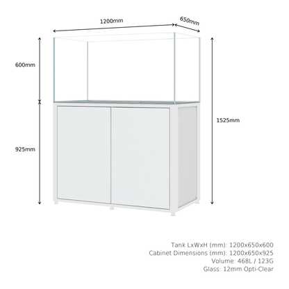 CADE River S2 1200 white rimless freshwater aquarium and cabinet, dimensions diagram