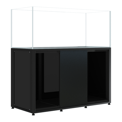 CADE River S2 1500 black rimless freshwater aquarium and cabinet, angled view with cabinet doors open