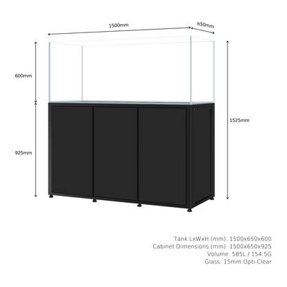 CADE River S2 1500 black rimless freshwater aquarium and cabinet, dimensions diagram