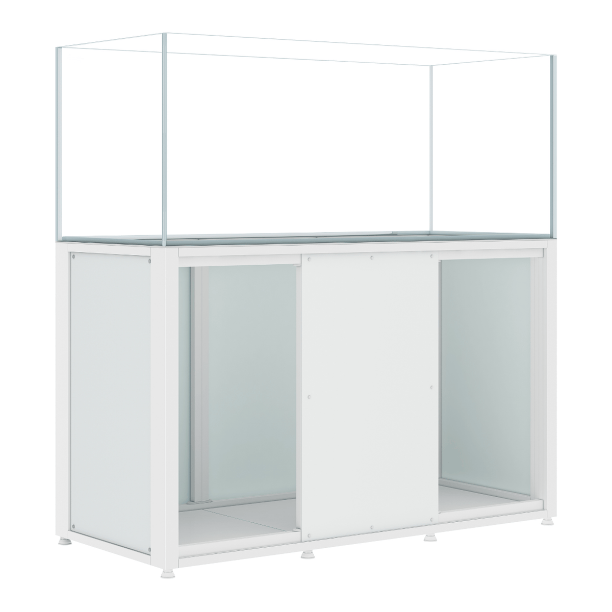 CADE River S2 1500 white rimless freshwater aquarium and cabinet, angled view with cabinet doors open