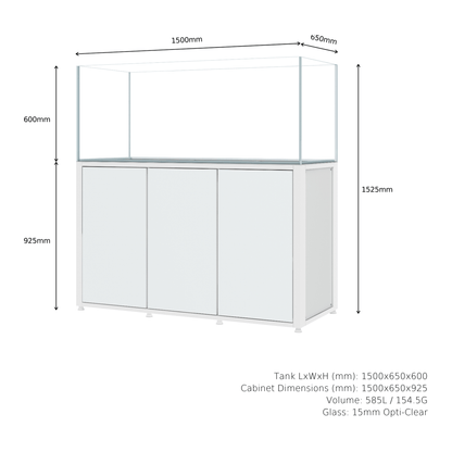 CADE River S2 1500 white rimless freshwater aquarium and cabinet, dimensions diagram