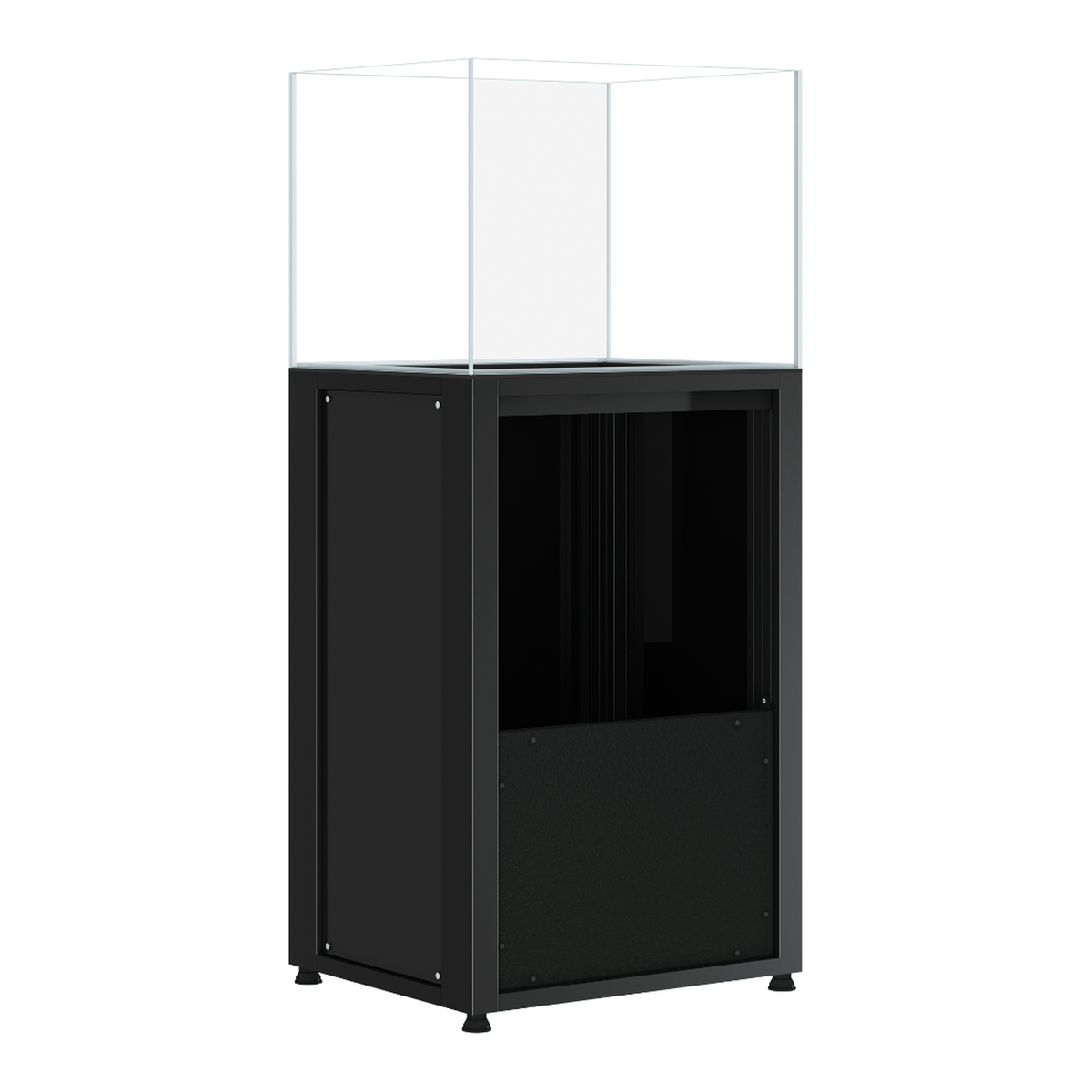 CADE River S2 600 black rimless freshwater aquarium and cabinet, angled view with cabinet doors open