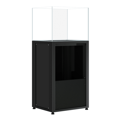 CADE River S2 600 black rimless freshwater aquarium and cabinet, angled view with cabinet doors open