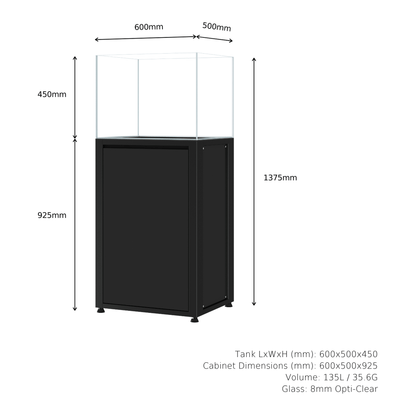 CADE River S2 600 black rimless freshwater aquarium and cabinet, dimensions diagram