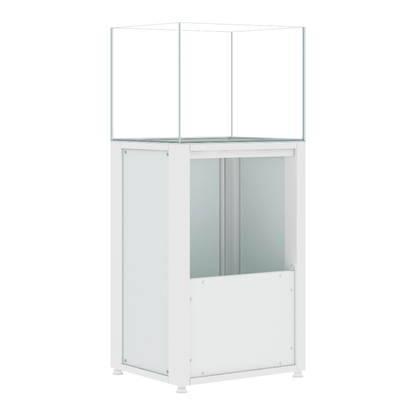 CADE River S2 600 white rimless freshwater aquarium and cabinet, angled view with cabinet doors open