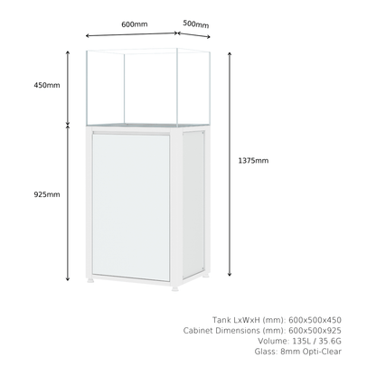 CADE River S2 600 white rimless freshwater aquarium and cabinet, dimensions diagram