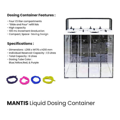 Mantis Dosing Container 6L - features and colour-coded dosing tubes